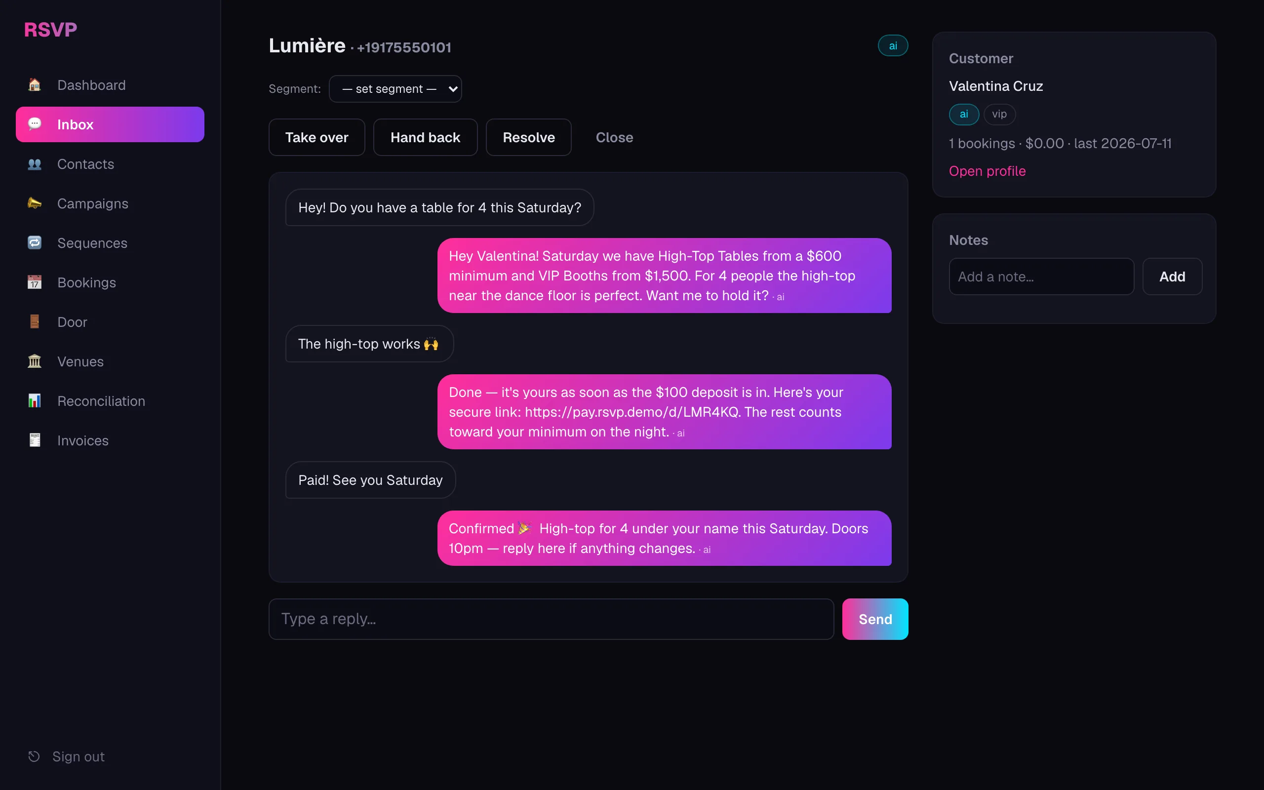 A real conversation: the concierge offers the right table, quotes the minimum, and sends the deposit link — in seconds.