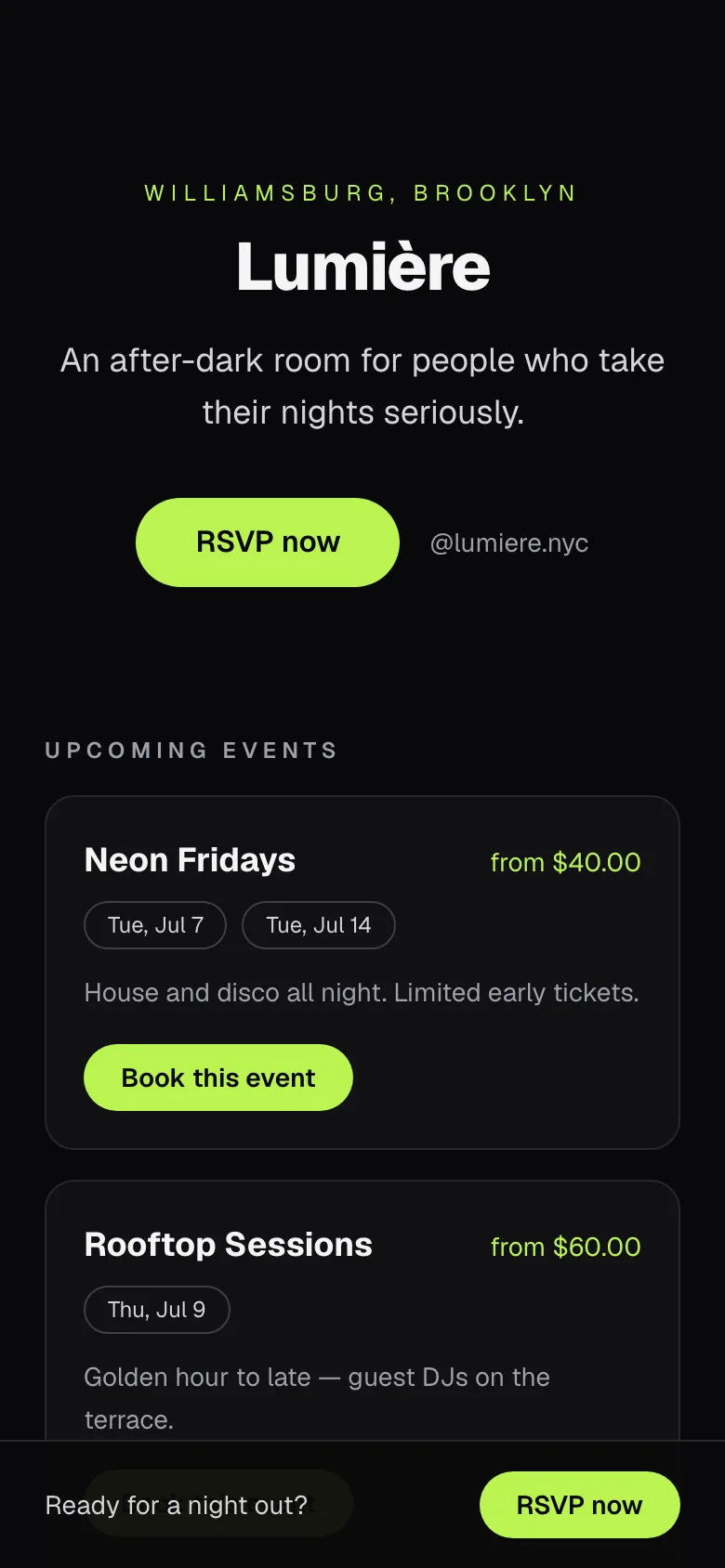 Your public page: events and packages by occasion. Every button drops the guest straight into the concierge chat.