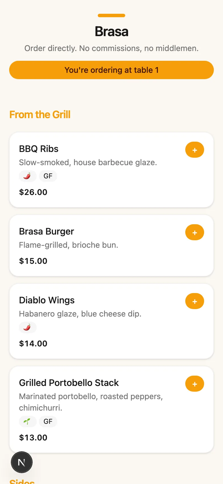 The guest storefront: table pill, dietary badges, cart — all from a QR.